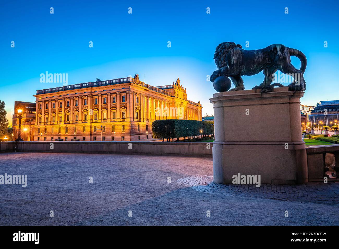 Riksplan and Swedish parliament The Riksdag house evening view, capital of Sweden Stock Photo