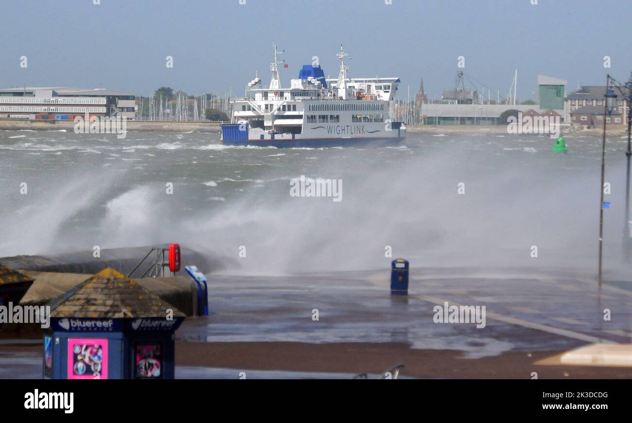 An Isle of Wight ferry passes  the seafront at Southsea , Hants as May gales hit the South Coast.. Pic Mike Walker,2015 Mike Walker Pictures Stock Photo