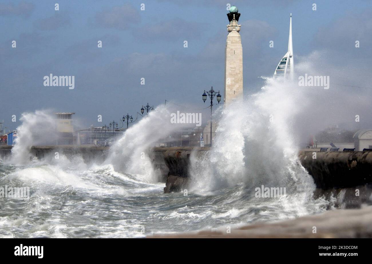 Waves lashing the seafront at Southsea , Hants as May gales hit the South Coast.. Pic Mike Walker,2015 Mike Walker Pictures Stock Photo