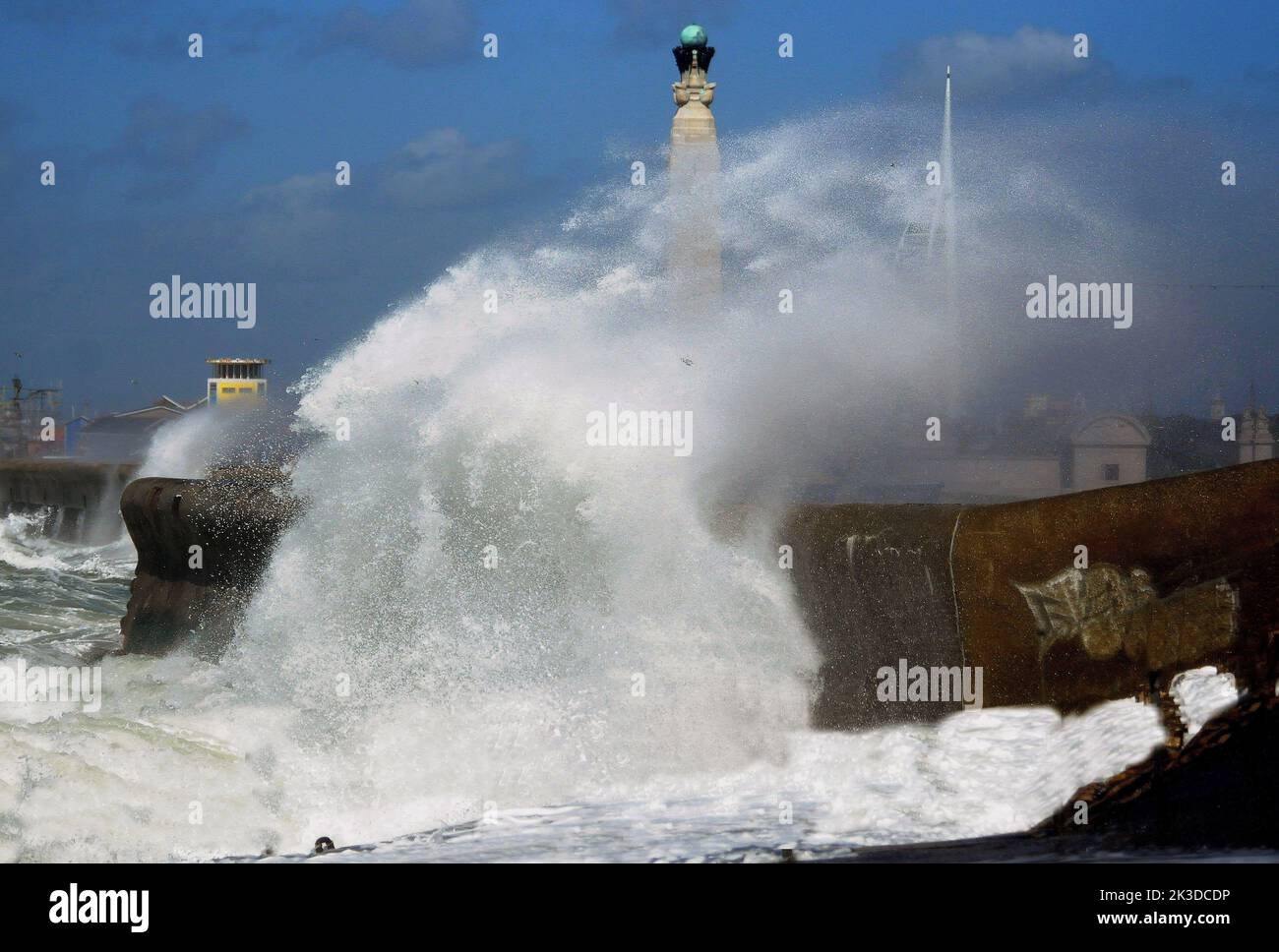 Waves lashing the seafront at Southsea , Hants as May gales hit the South Coast.. Pic Mike Walker, Mike Walker Pictures,2015 Stock Photo
