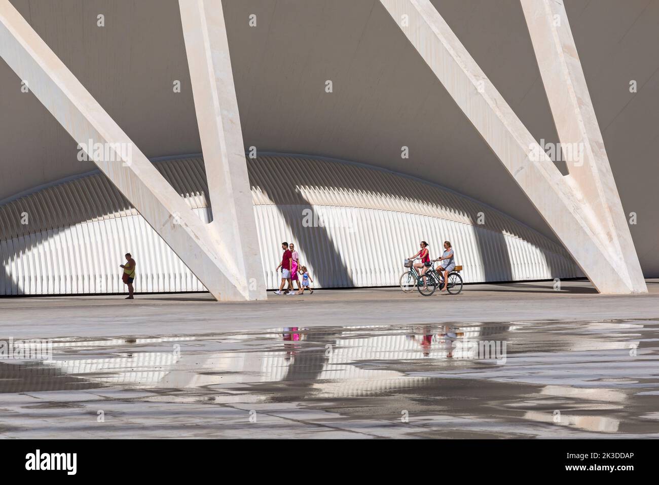 people going between shadows of Museu De Les Ciencies, The Príncipe Felipe Science Museum, at City of Arts and Sciences in Valencia Spain in September Stock Photo