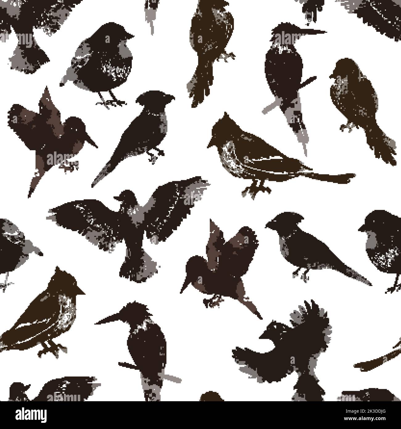 A lot of birds of different species in linocut retro style, vintage seamless pattern on white Stock Vector