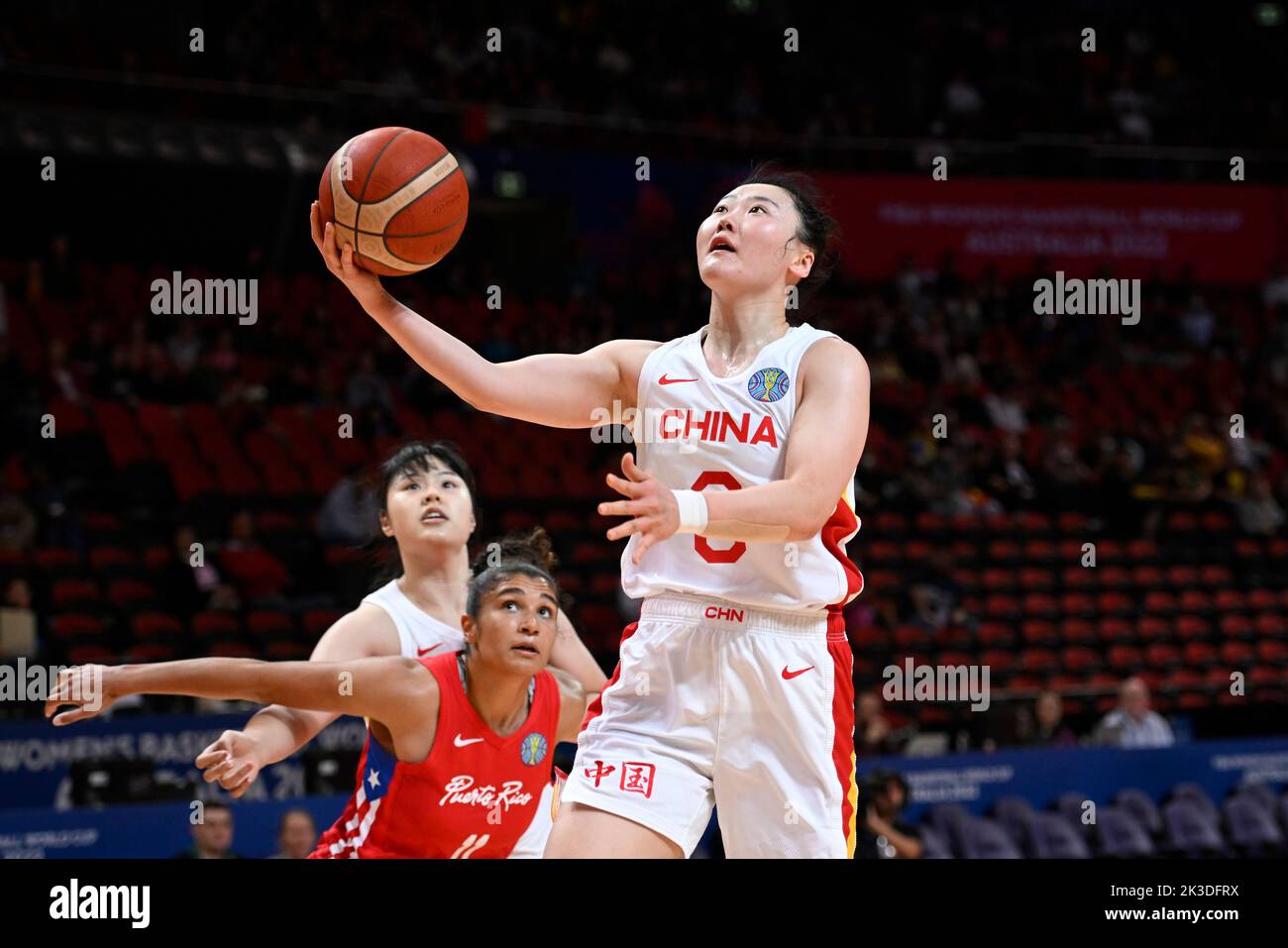 26th September 2022;  Sydney, Homebush, New South Wales, Australia, Women's World Cup Basketball, China versus Puerto Rico; Tongtong Wu of China lays up under the net Stock Photo