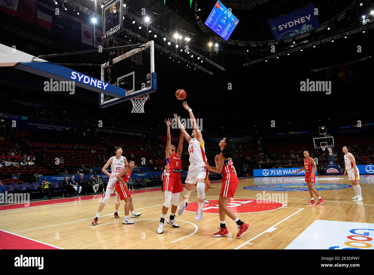 26th September 2022;  Sydney, Homebush, New South Wales, Australia, Women's World Cup Basketball, China versus Puerto Rico; Yueru Li of China of China and Sofia Roma of Puerto Rico compete for the rebound Stock Photo