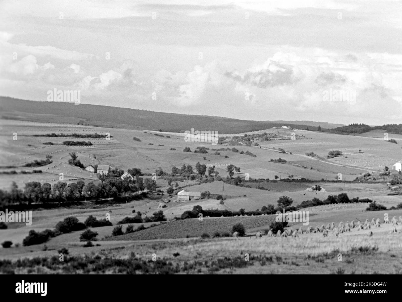 Blick über die Eifel bei Prüm, circa 1952. A view over Eifel Region near Prüm, around 1952. Stock Photo