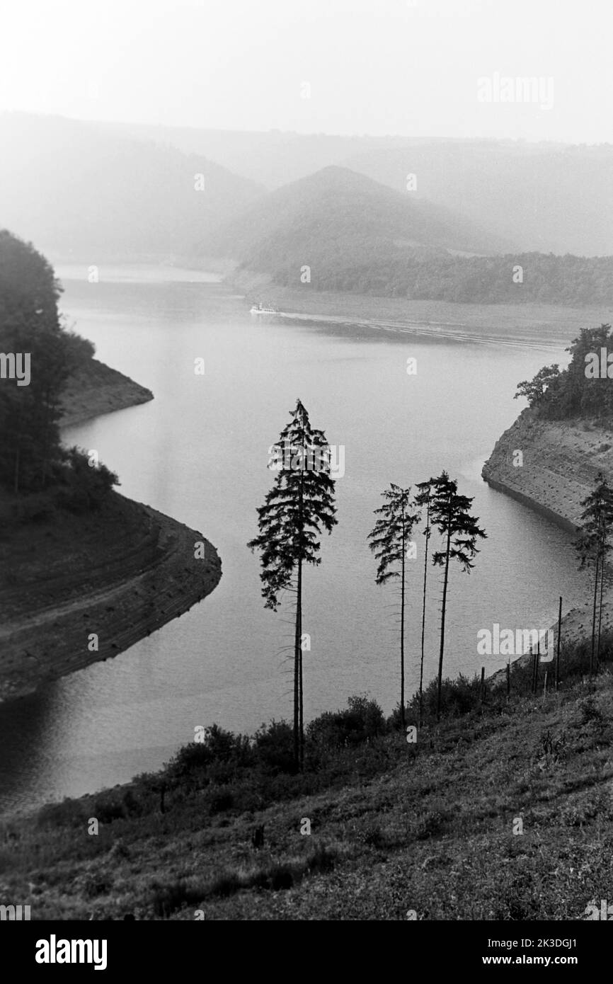 Blick über den Rurstausee, 1952. View of Rur Reservoir, 1952. Stock Photo