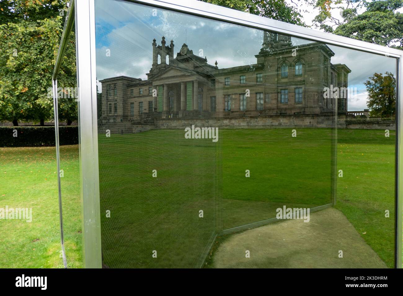 Two Two-Way Mirror Parallelograms of Dan Graham in garden of Scottish National Gallery of Modern Art in Edinburgh, Scotland Stock Photo