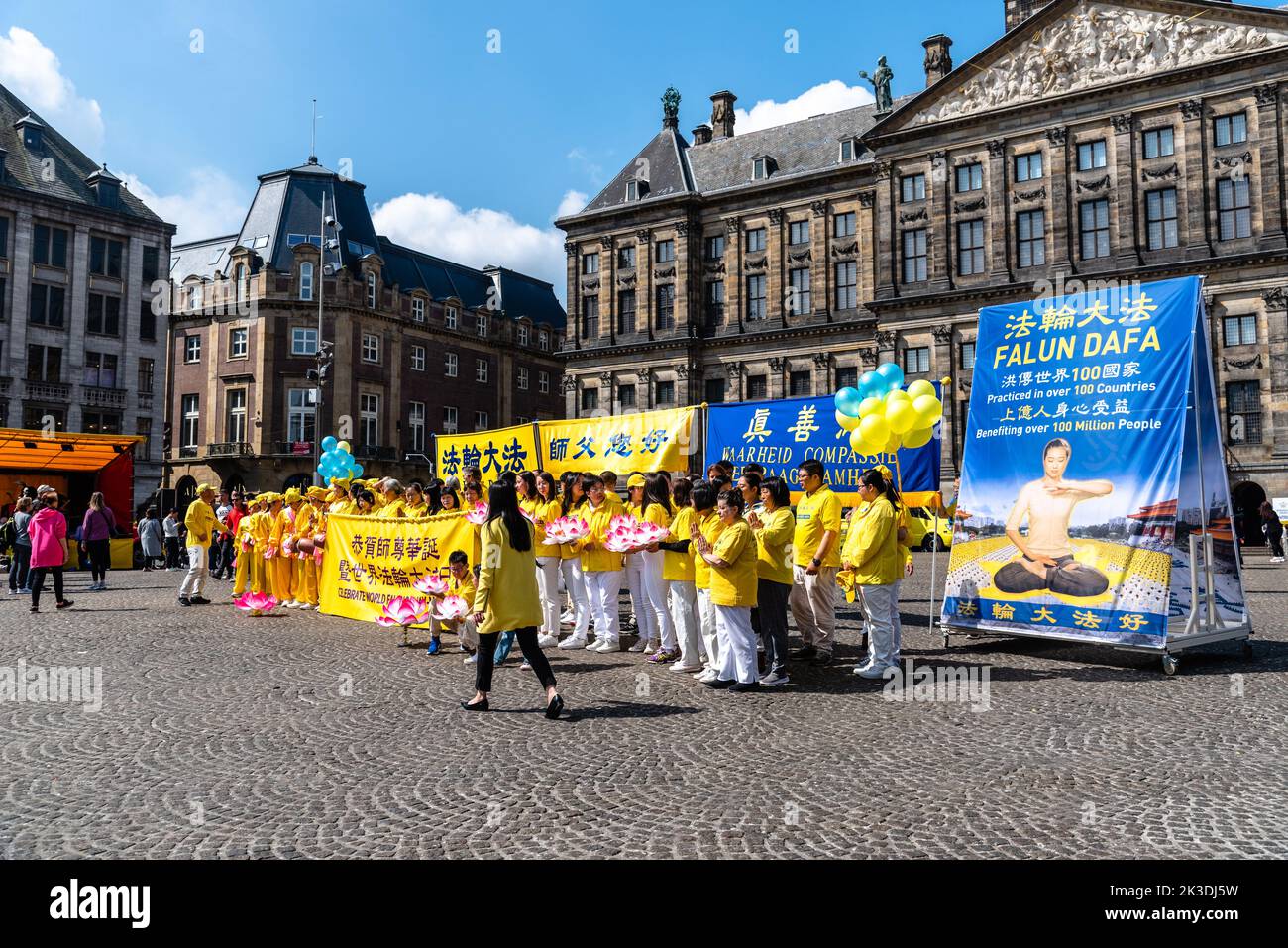 Amsterdam, Netherlands - May 7, 2022: Falun Dafa practitioners during protest day in Dam square Stock Photo