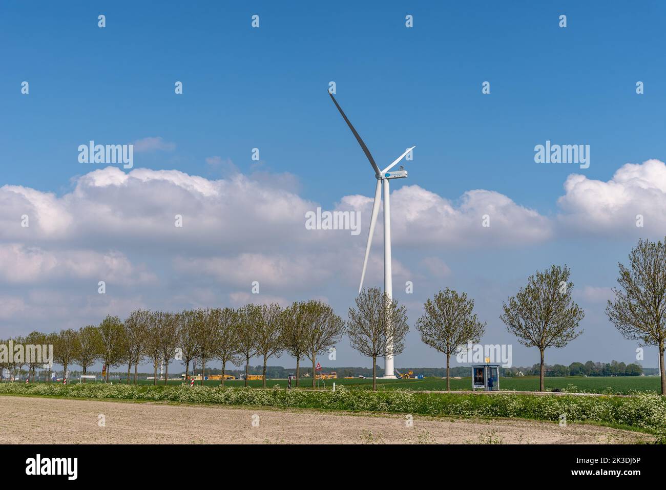 Lelystad, Netherlands - May 07,2022: Windmill, row of trees polder and road Stock Photo