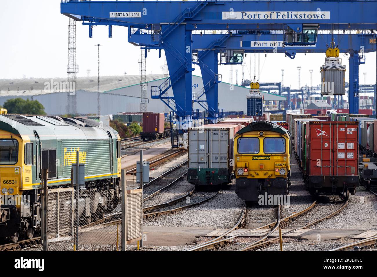 Rail freight marshalling yard port of Felixstowe Suffolk England Stock Photo