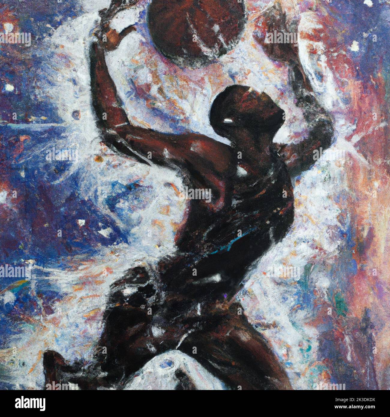 drawing painting of a basketball player dunking as an explosion of a nebula Stock Photo