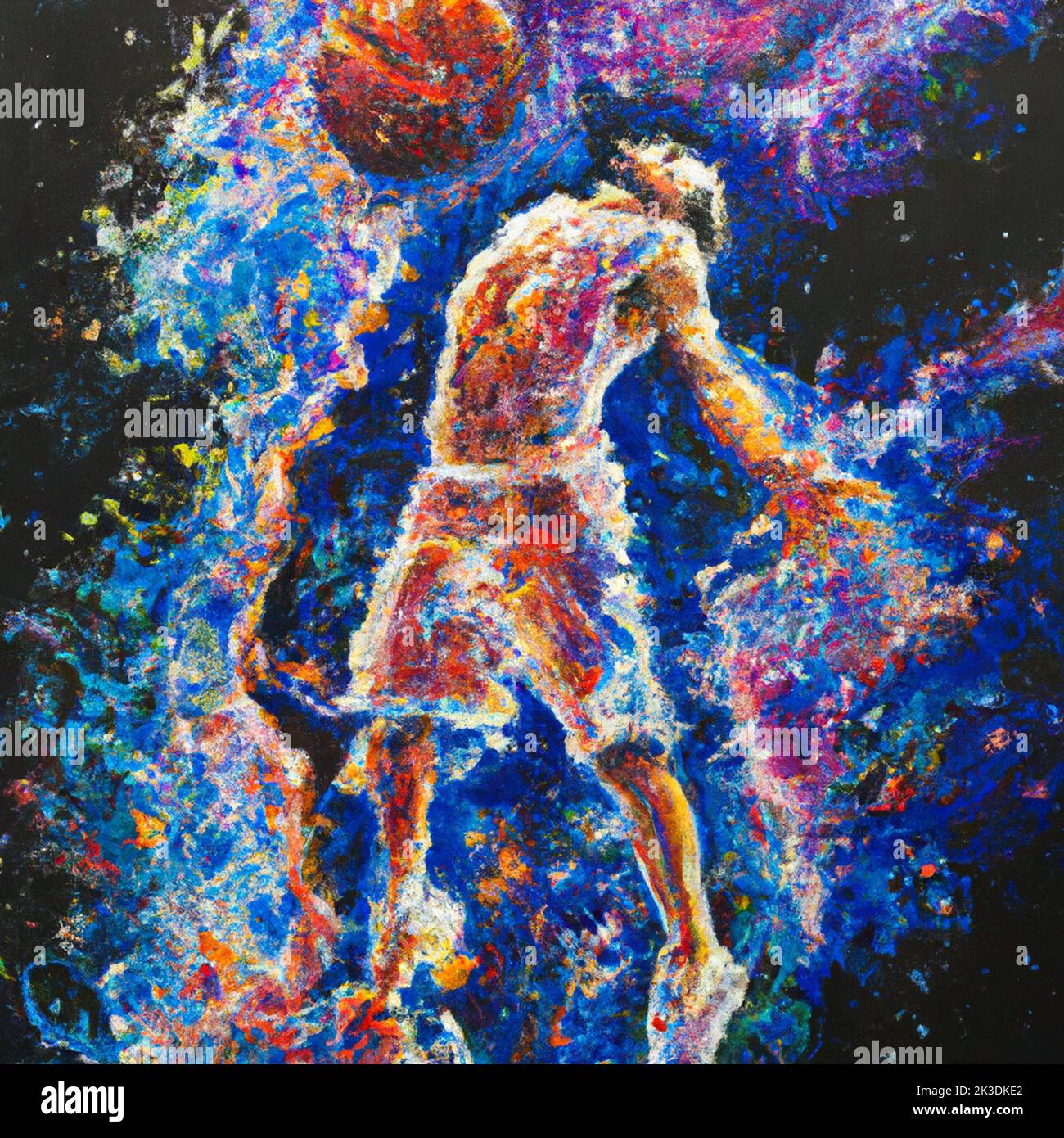 drawing painting of a basketball player dunking as an explosion of a nebula Stock Photo