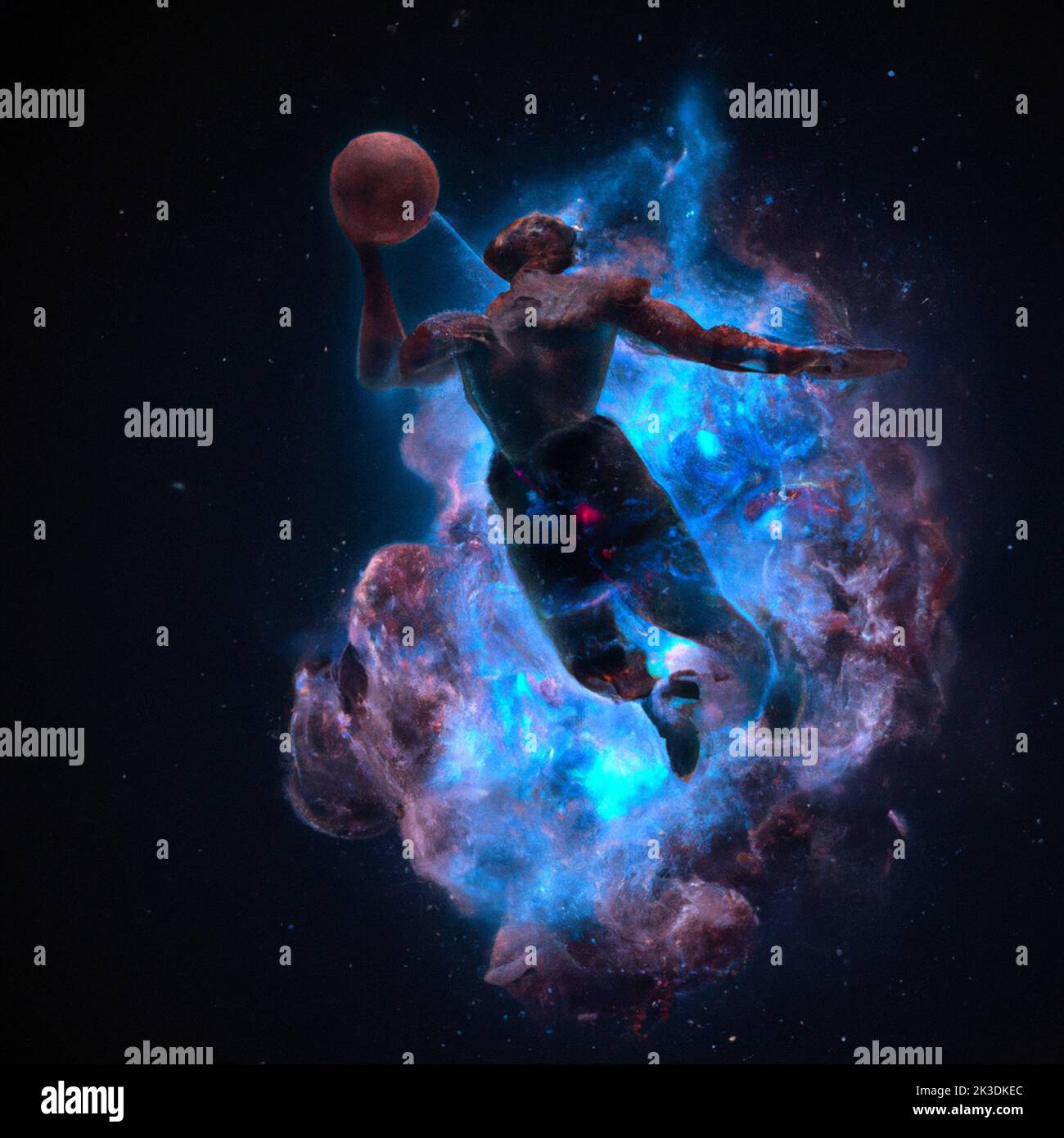 drawing painting of a basketball player dunking as an explosion of a nebula Stock Photo