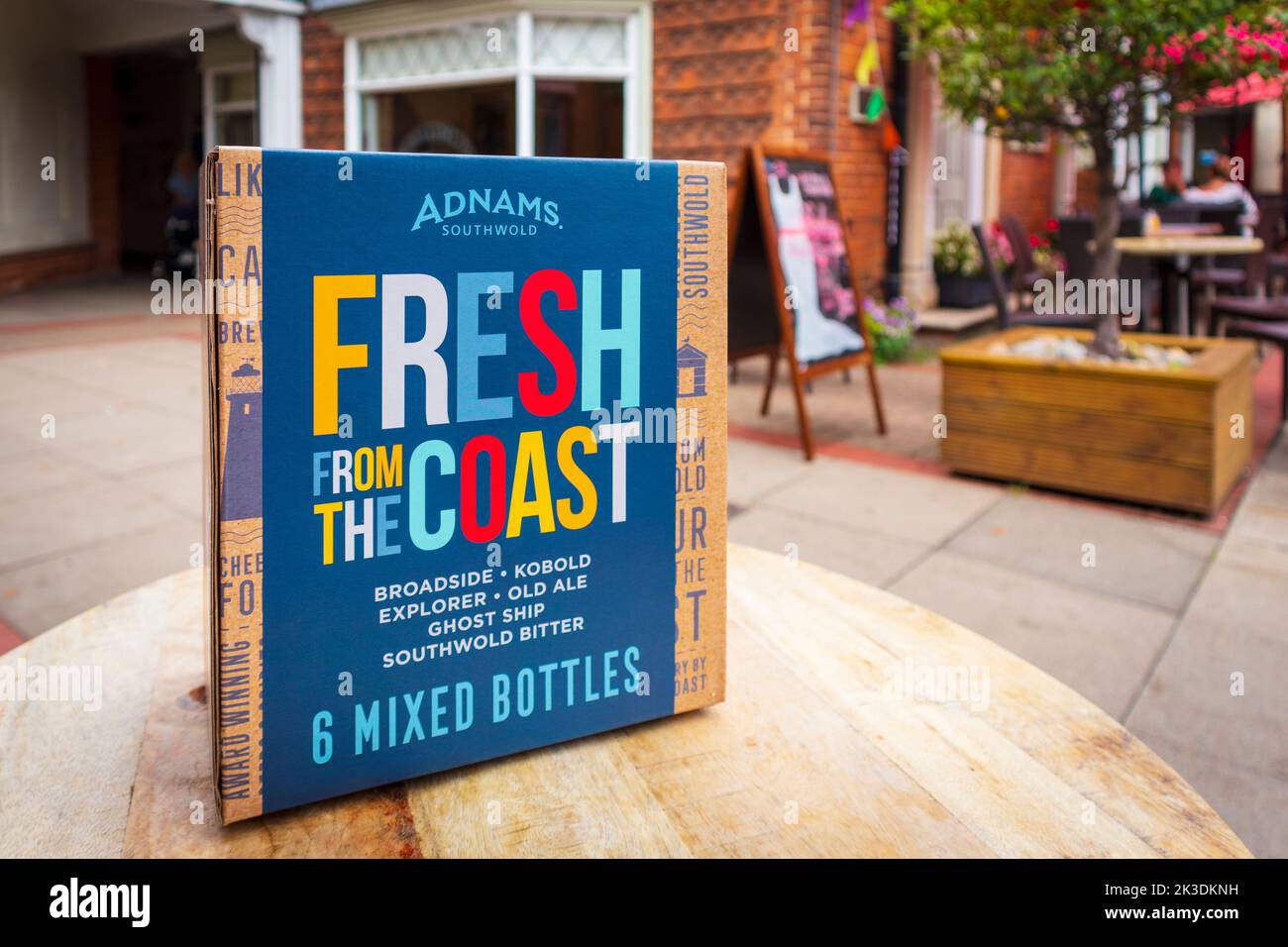 Box of Adnams Bottled Beers on Table Stock Photo