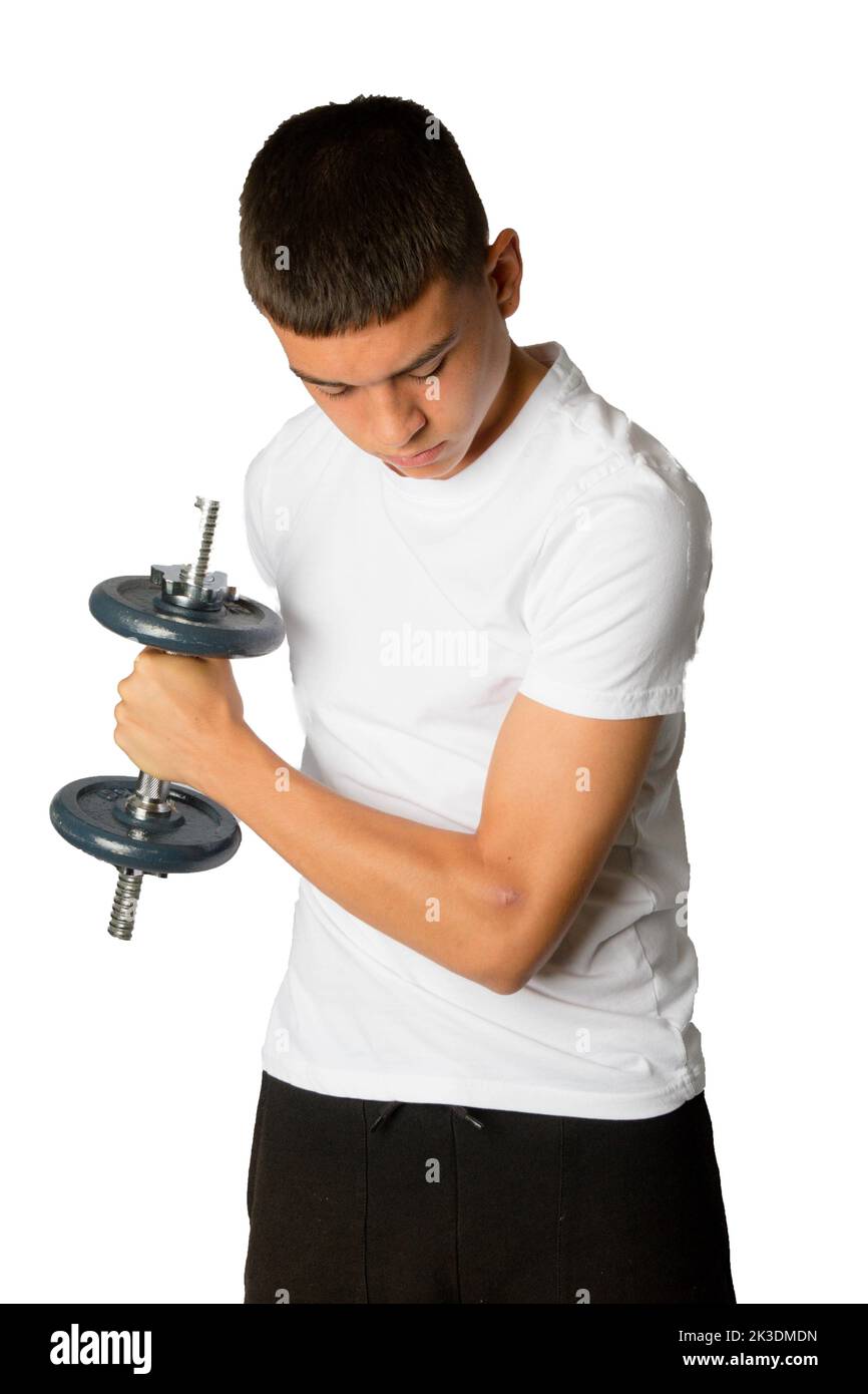 19 year old teenage boy doing bicep excercises Stock Photo