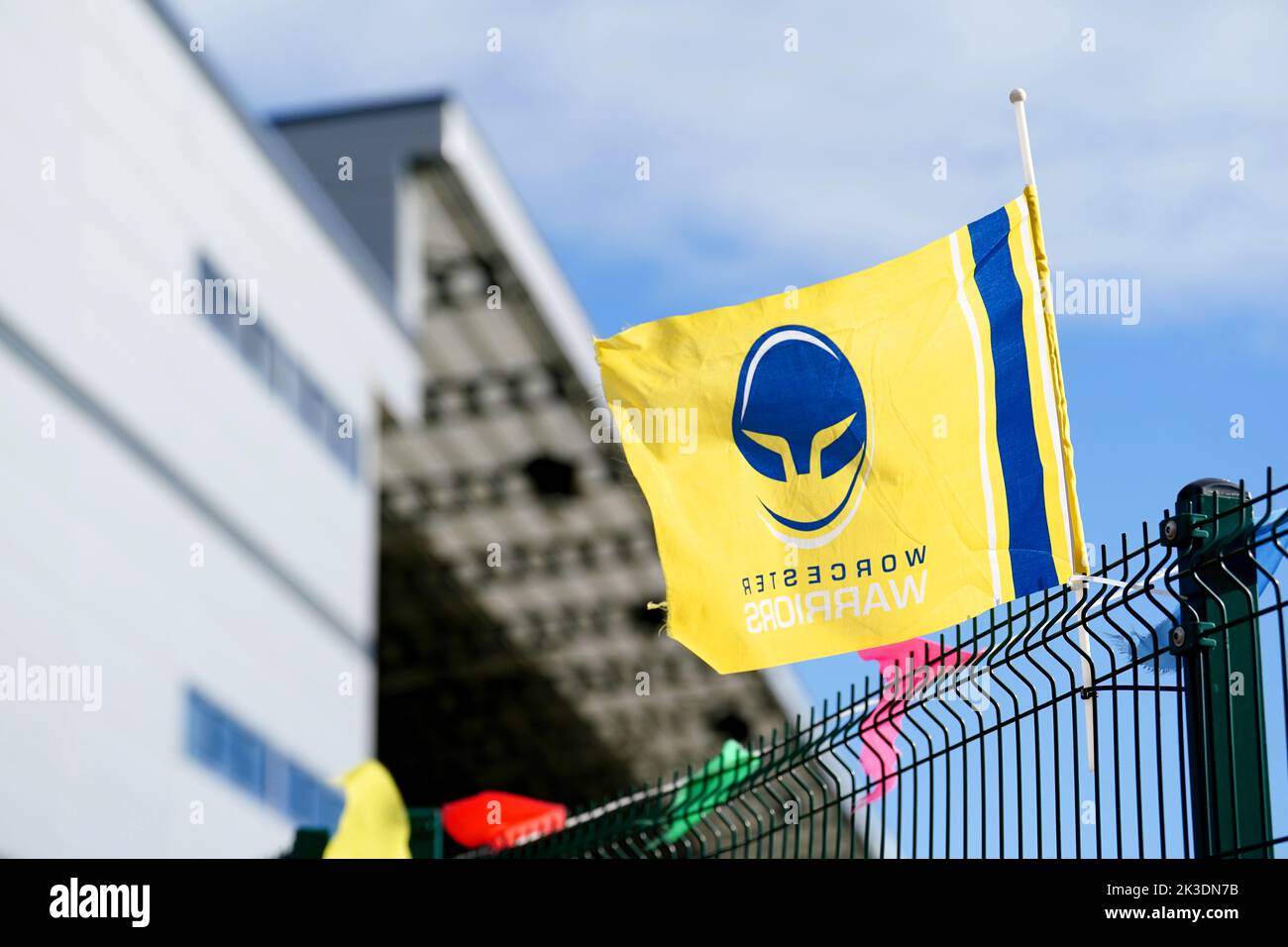 A general view of a flag at Sixways Stadium, home of Worcester Warriors Rugby Club. Picture date: Monday September 26, 2022. Worcester are set to be suspended from all competitions if they do not meet a Rugby Football Union deadline of 5pm on Monday showing they possess required insurance, are able to meet payroll and have a 'credible plan to take the club forward'. See PA Story RUGBYU Worcester. Photo credit should read: David Davies/PA Wire. RESTRICTIONS: Use subject to restrictions. Editorial use only, no commercial use without prior consent from rights holder. Stock Photo