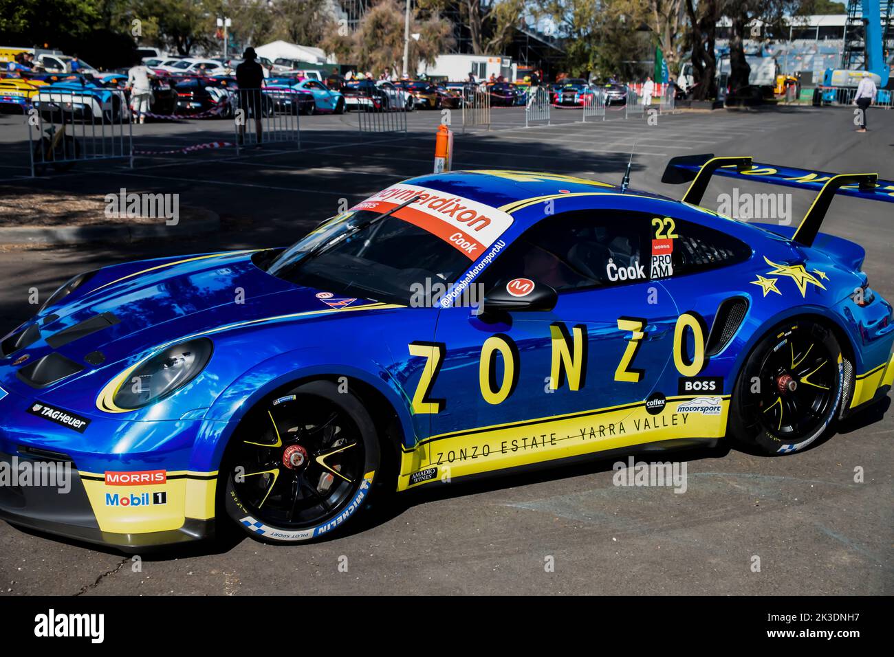 The luxurious cars at the Porsche Carrera cup down at Albert Park during the Australian F1 Grand Prix Stock Photo