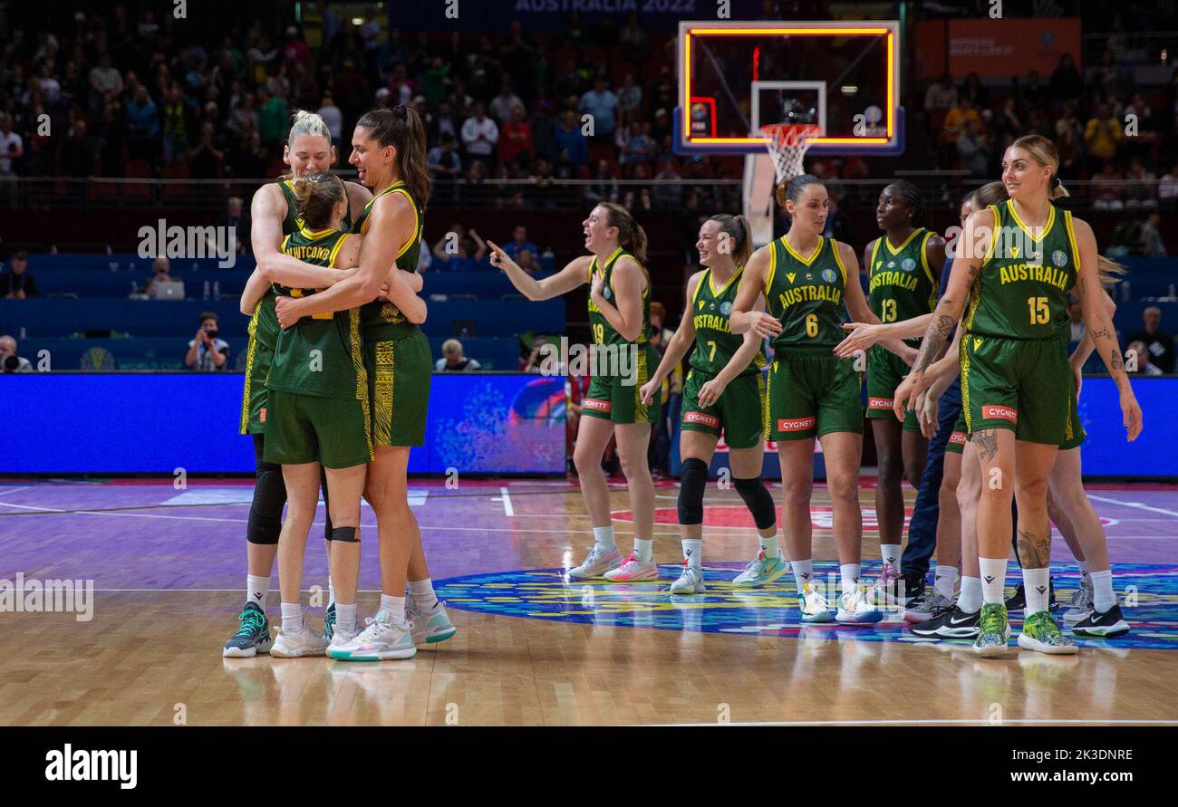 Sydney, Australia. 26th Sep, 2022. Players of Australia celebrate after a Group B match between Australia and Canada at the FIBA Women's Basketball World Cup 2022 in Sydney, Australia, Sept. 26, 2022. Credit: Hu Jingchen/Xinhua/Alamy Live News Stock Photo