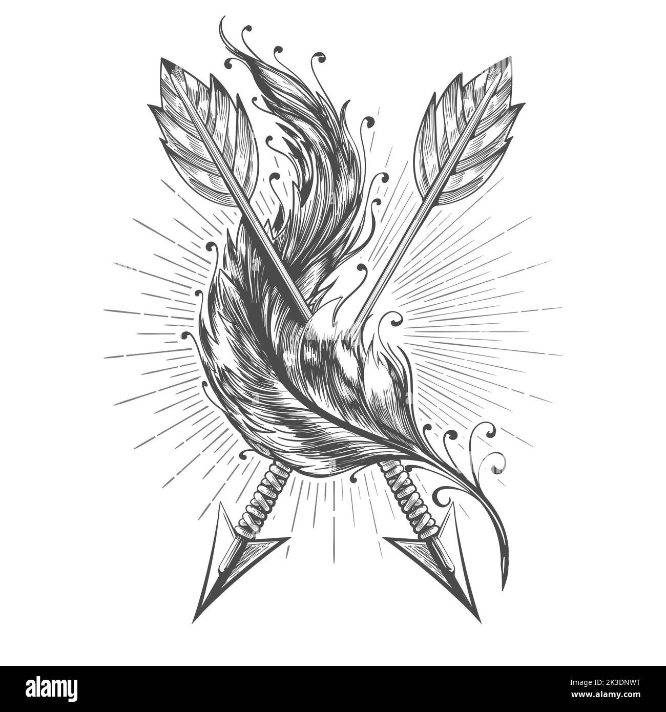 Tattoo of Two Indian Arrows and Bird Feather isolated on white. Vector illustration. Stock Vector
