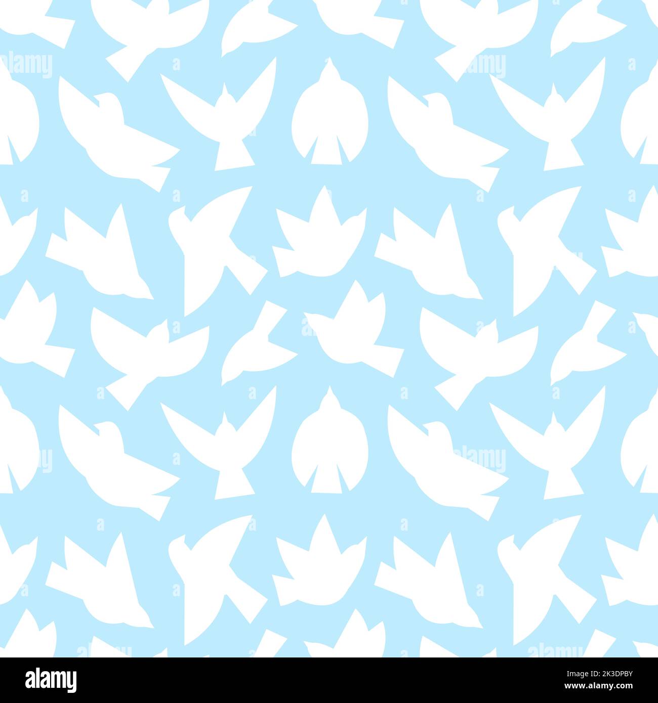 Flying bird abstract silhouettes on blue background. White bird, dove or seagull seamless pattern. Flat different poses doves fabric print. Vector Stock Vector