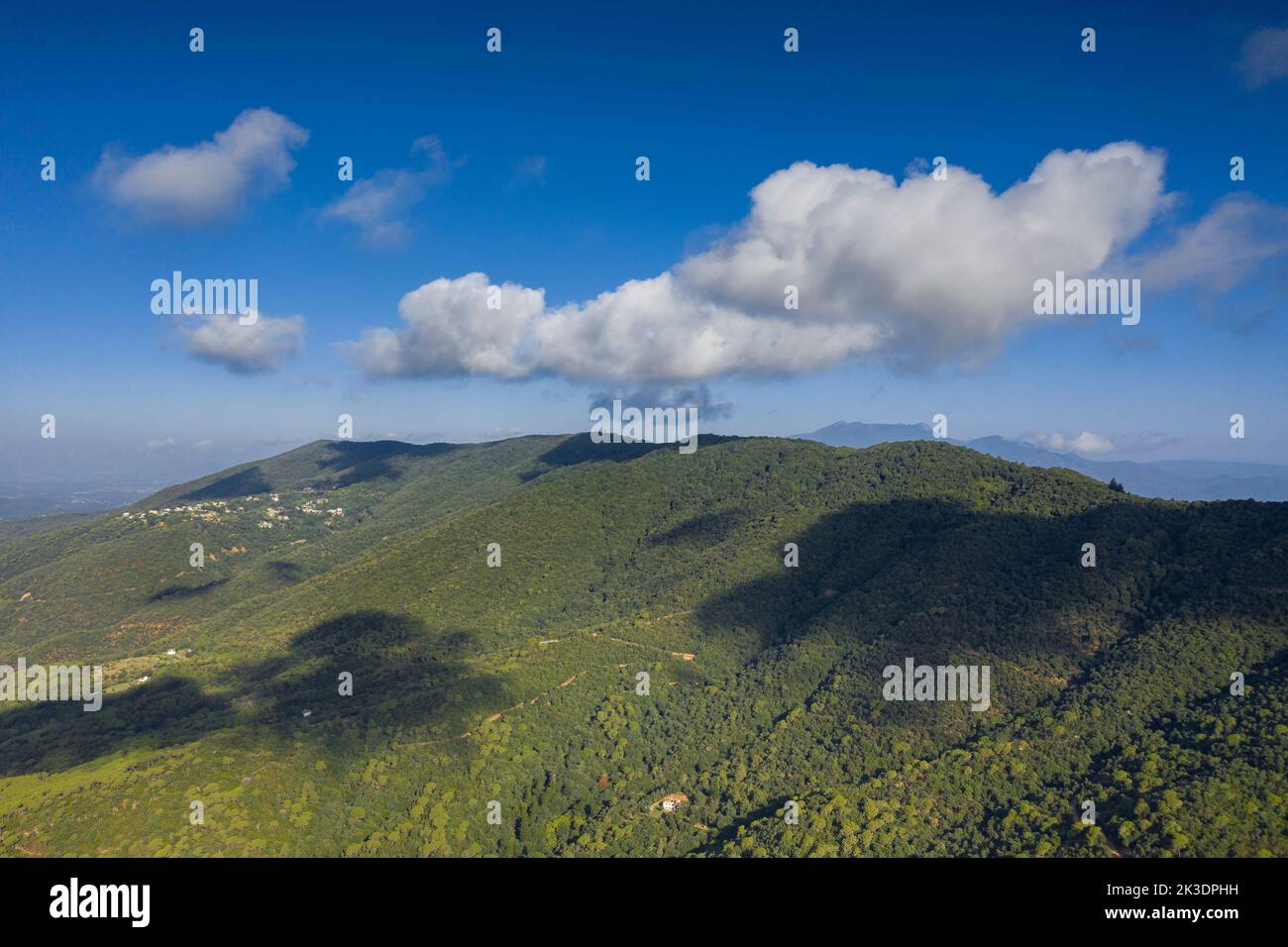Aerial view of the Montnegre mountain from the southern face, in the Maresme region (Barcelona, Catalonia, Spain) ESP: Vista aérea del Montnegre Stock Photo