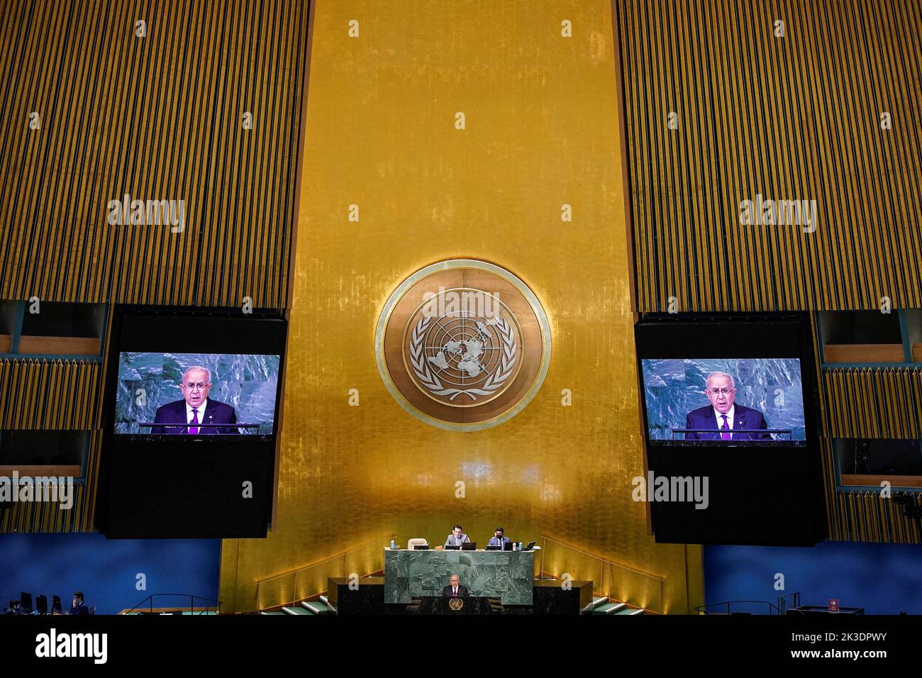 Algeria's Foreign Minister Ramtane Lamamra addresses the 77th Session of the United Nations General Assembly at U.N. Headquarters in New York City, U.S., September 26, 2022. REUTERS/Eduardo Munoz Stock Photo