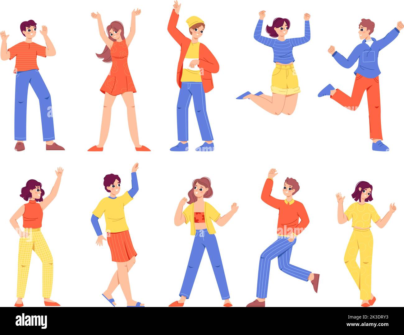 Positive young adults characters. Different university youth societies person, happy teenager or young friends. Cheering celebration carefree students Stock Vector