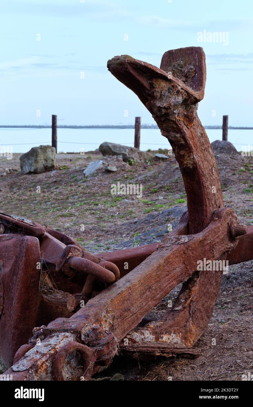 Old Kedge Anchor, used with fishing boats in Alaska waters. Stock Photo