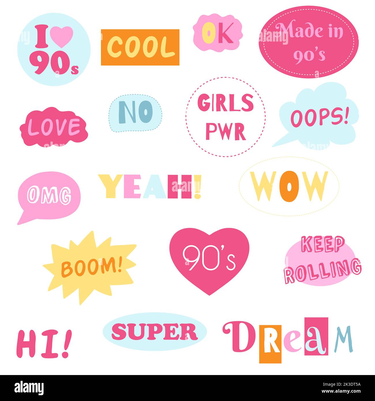 Fashion collection of 90s girly stickers. Vector illustration of hand ...