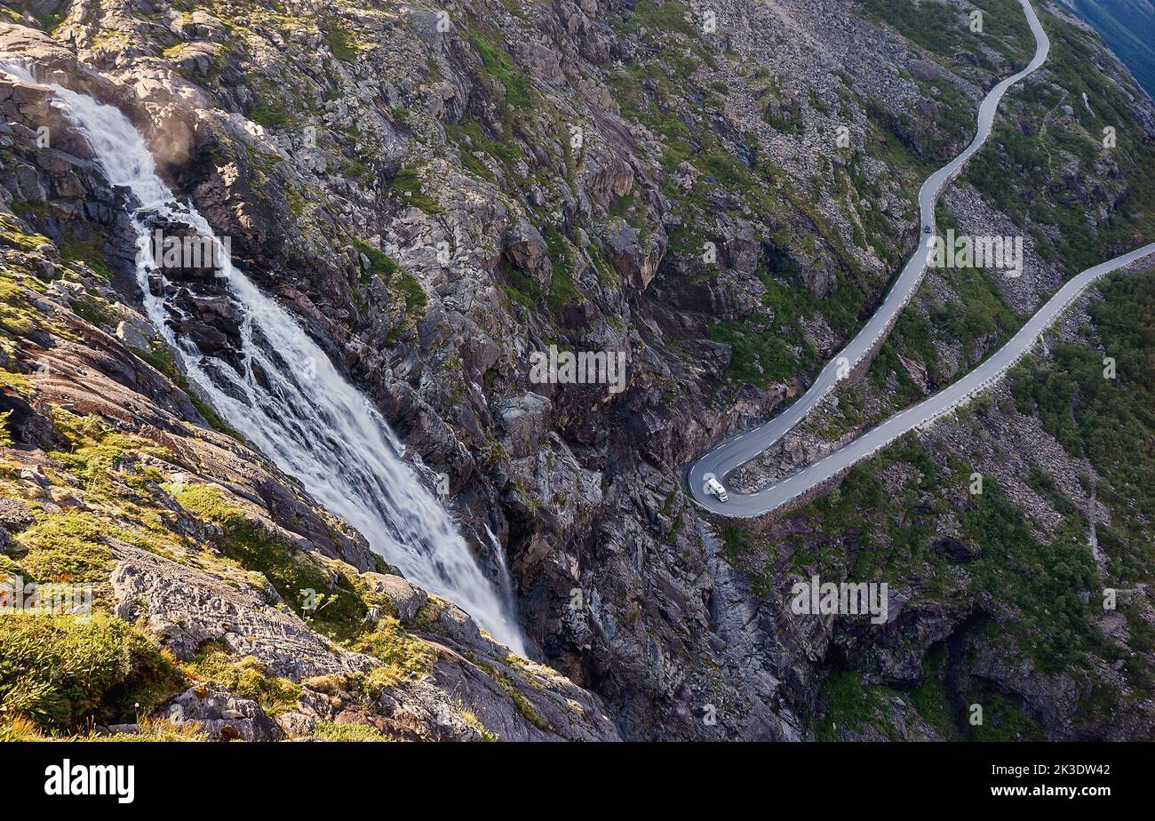 Trollstigen mountain road & Øvstestølbrua, Rauma, Møre og Romsdal, Norway. Stock Photo