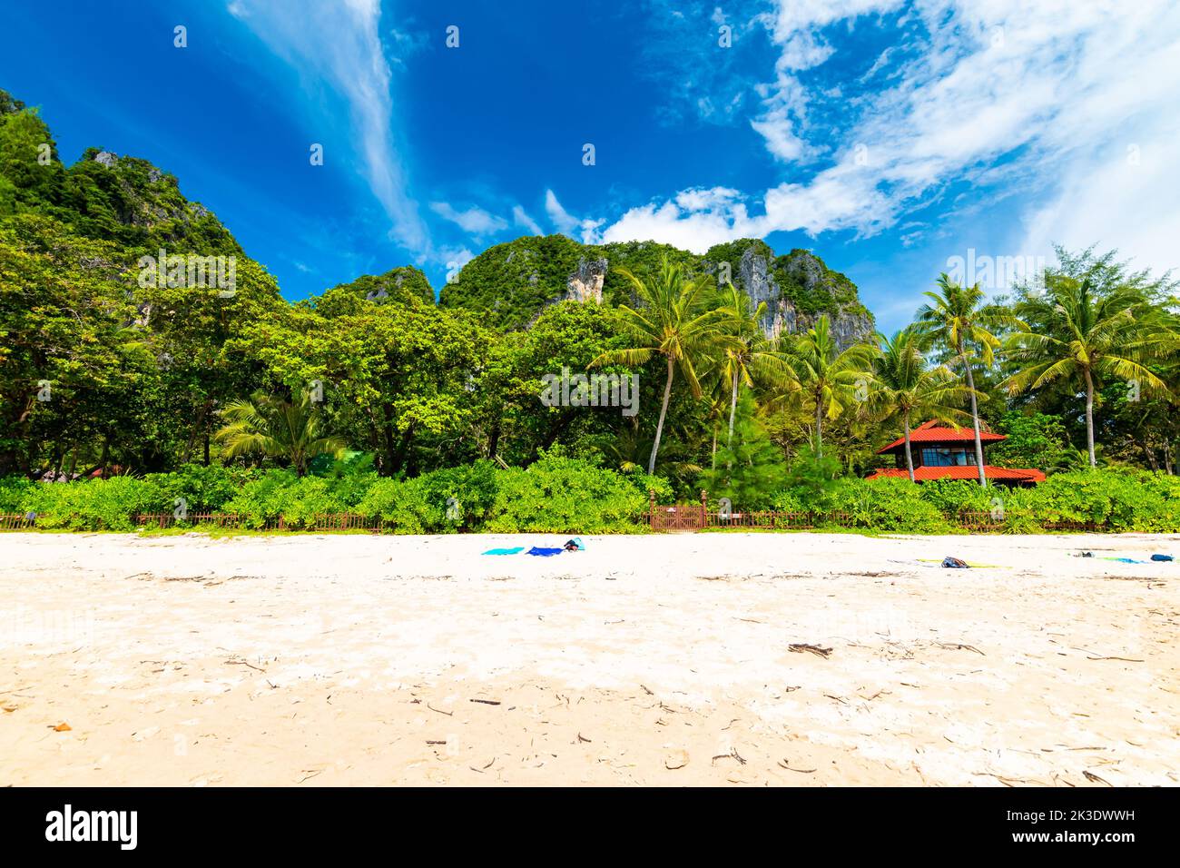 Famous Railay beach at Krabi town, Thailand. View of white sand and the jungle in background. Tropical plants, trees and palms. Famous vacation target Stock Photo