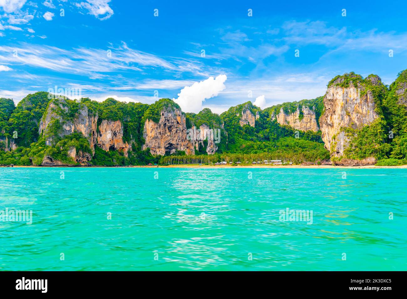Panoramic view of Railay beach at Krabi town, Thailand. View from sea side to big limestone rocks with green jungle. Pure and vibrant turquoise water Stock Photo