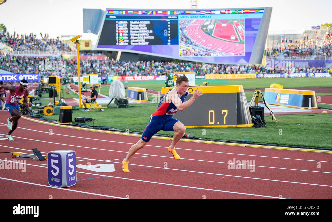 Karsten Warholm of Norway competing in the men’s 400m hurdles final at