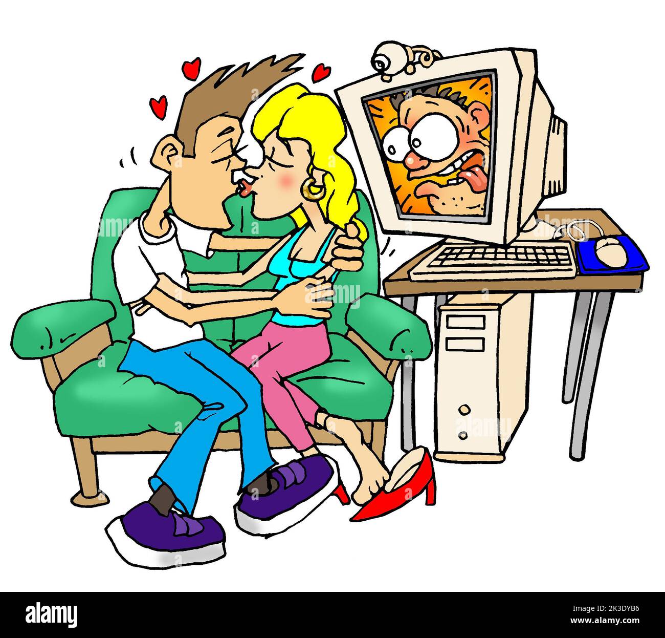 Cartoon art illustrating concept of webcams being prone to hacking, which can lead to privacy breaches where cameras/speakers are controlled by others Stock Photo