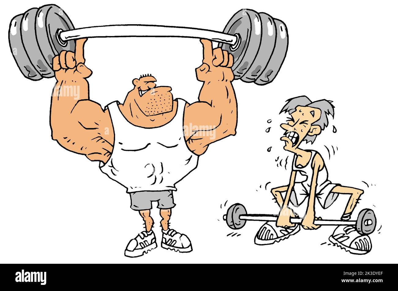 Funny cartoon art, two men lifting weights. The experienced man lifts large weights with his fingers. The beginner struggles with a smaller weight set Stock Photo