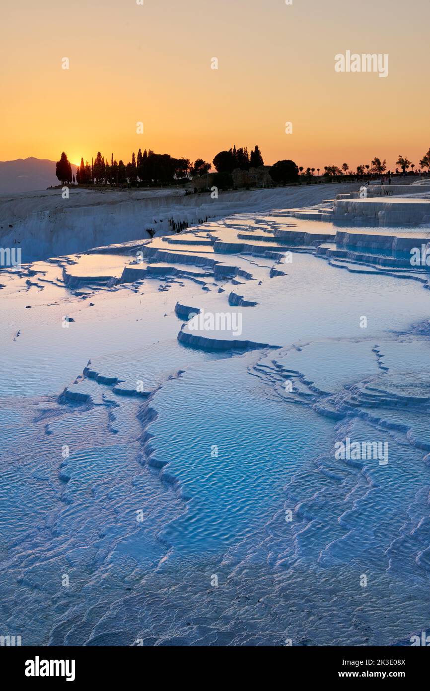 Sunset Behind Pamukkale Travertine Terraces Denizli Turkey Stock sunset-behind-pamukkale-travertine-terraces-denizli-turkey-stock