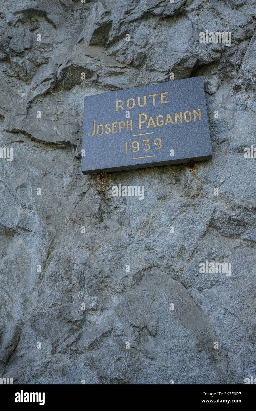 The route from Le Bourg-d'Oisans to Villard Notre Dame dedicated to Joseph Paganon, French alps. Stock Photo