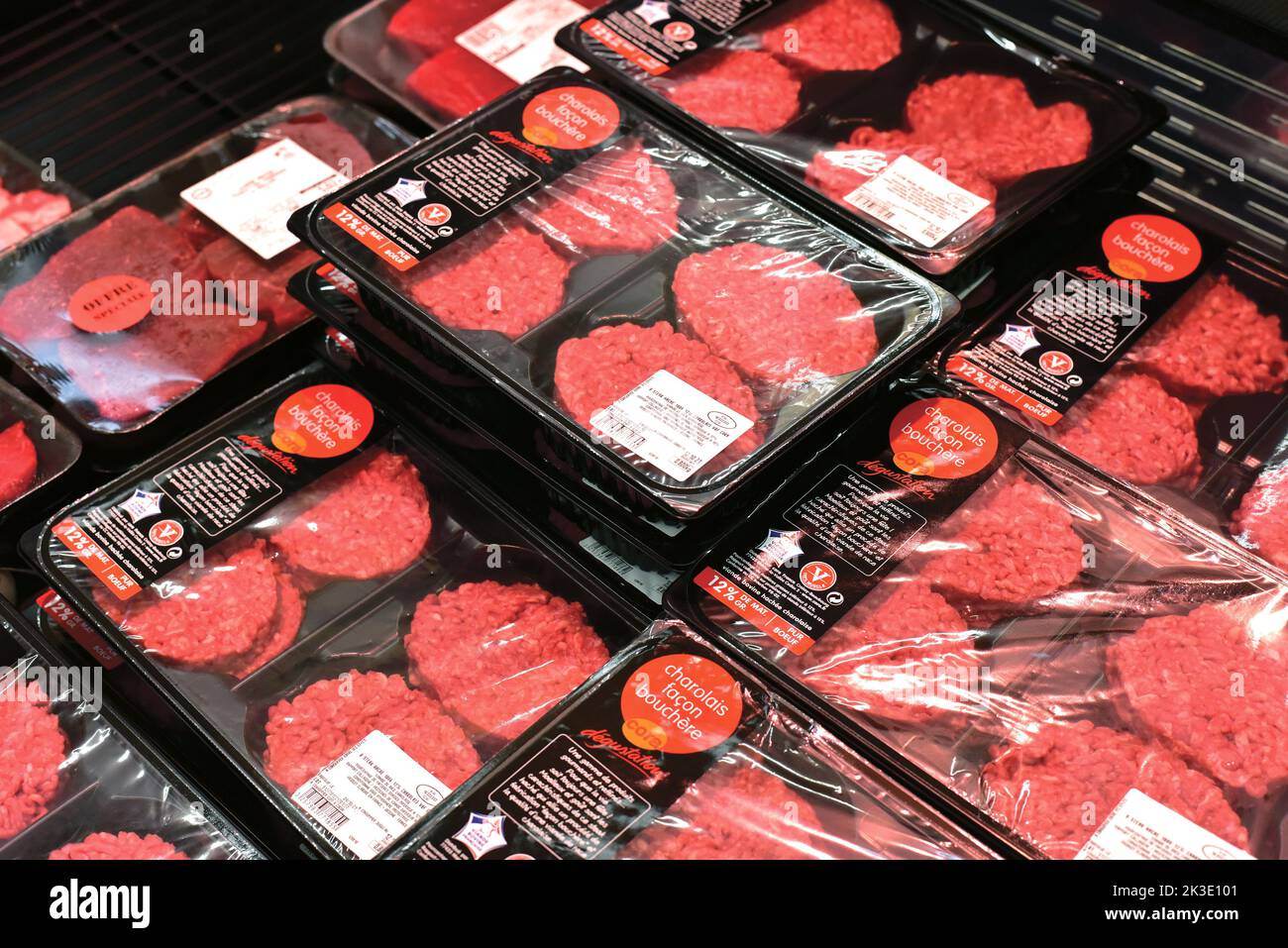 Cora supermarket butcher's counter, shrinkwrapped carton, red meat