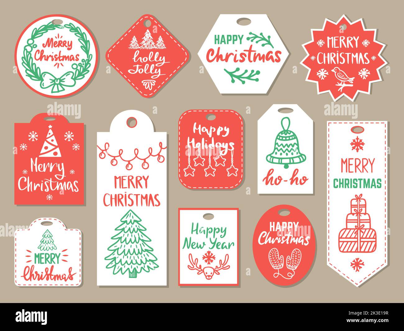 Christmas present badges collection. Xmas tags for gift boxes with fir tree and doodle holiday winter elements. Decorative cards neoteric vector Stock Vector