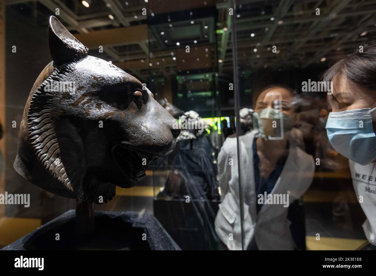 (220926) -- SHANGHAI, Sept. 26, 2022 (Xinhua) -- Visitors view a bronze tiger head at the exhibition 'Return in Golden Age: China's Retrieved Cultural Relics Exhibition' in east China's Shanghai, Sept. 26, 2022. 'Return in Golden Age: China's Retrieved Cultural Relics Exhibition' was launched Monday at the Minhang Museum in east China's Shanghai. The exhibition features China's cultural relics retrieved from overseas and now kept by the Poly Art Museum and the administration office of the Yuanmingyuan. Among the exhibits are bronze Chinese zodiac animal heads that belonged to the Yuanmingyuan Stock Photo