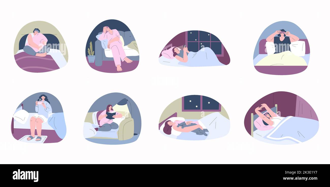 Sleeping women. Sweet sleeping and woman awake. Asleep youn girl, tired businesswoman. Relaxed or rest in bed, serenity night and insomnia kicky Stock Vector