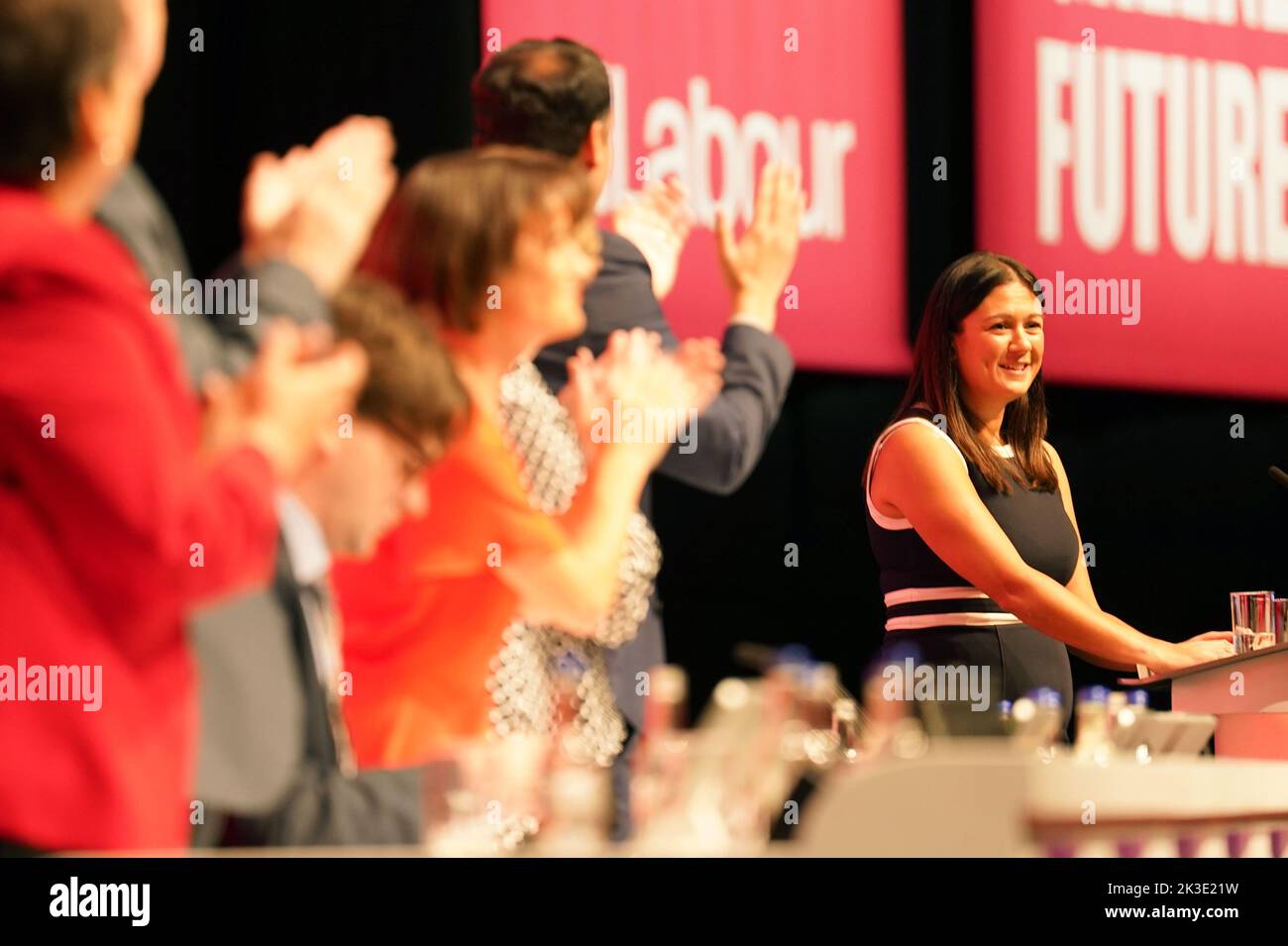 Lisa Nandy, Shadow Secretary of State for Levelling Up, Housing and Communities, is applauded following her speech during the Labour Party Conference at the ACC Liverpool. Picture date: Monday September 26, 2022. Stock Photo