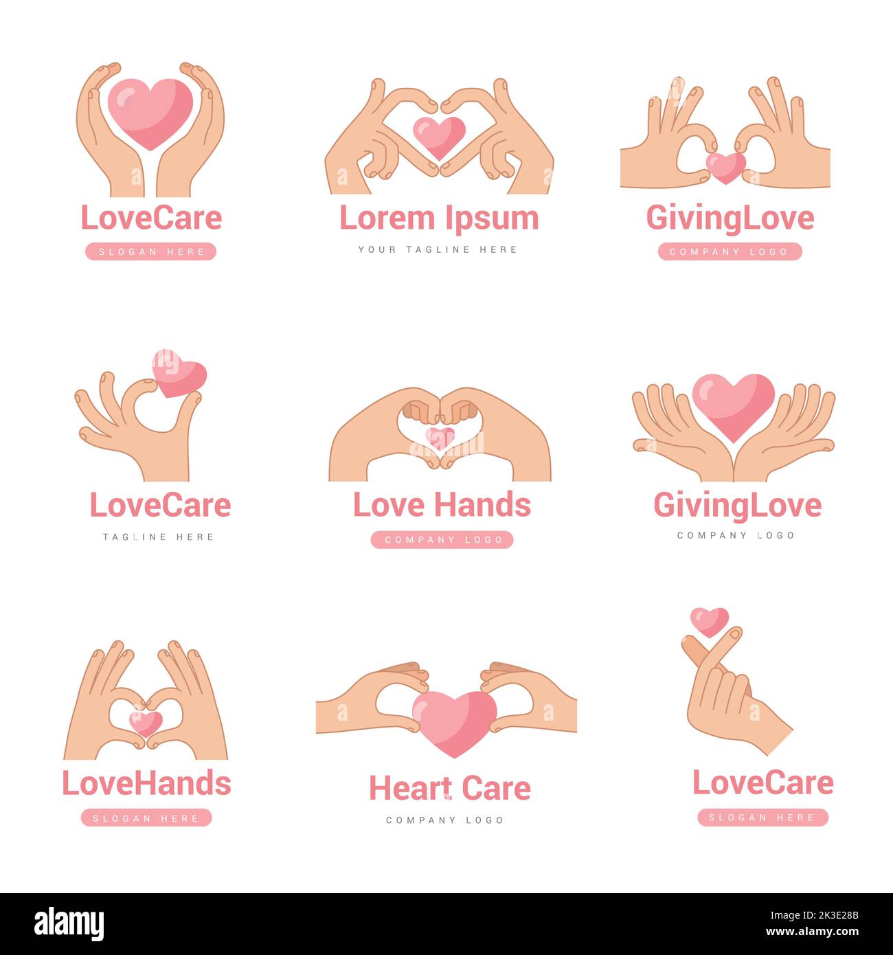 Hands hearts. Donation love and helping symbols recent vector stylizing pictures for friendship and happiness Stock Vector