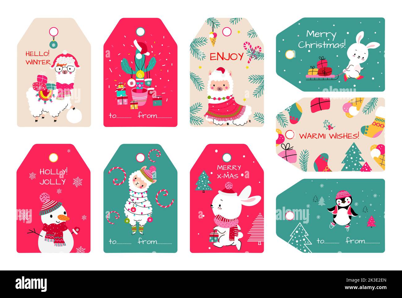 Christmas holiday tags with snowman, xmas llama and gifts. Winter stickers, present box labels for decor. New year nowaday decorative vector positive Stock Vector