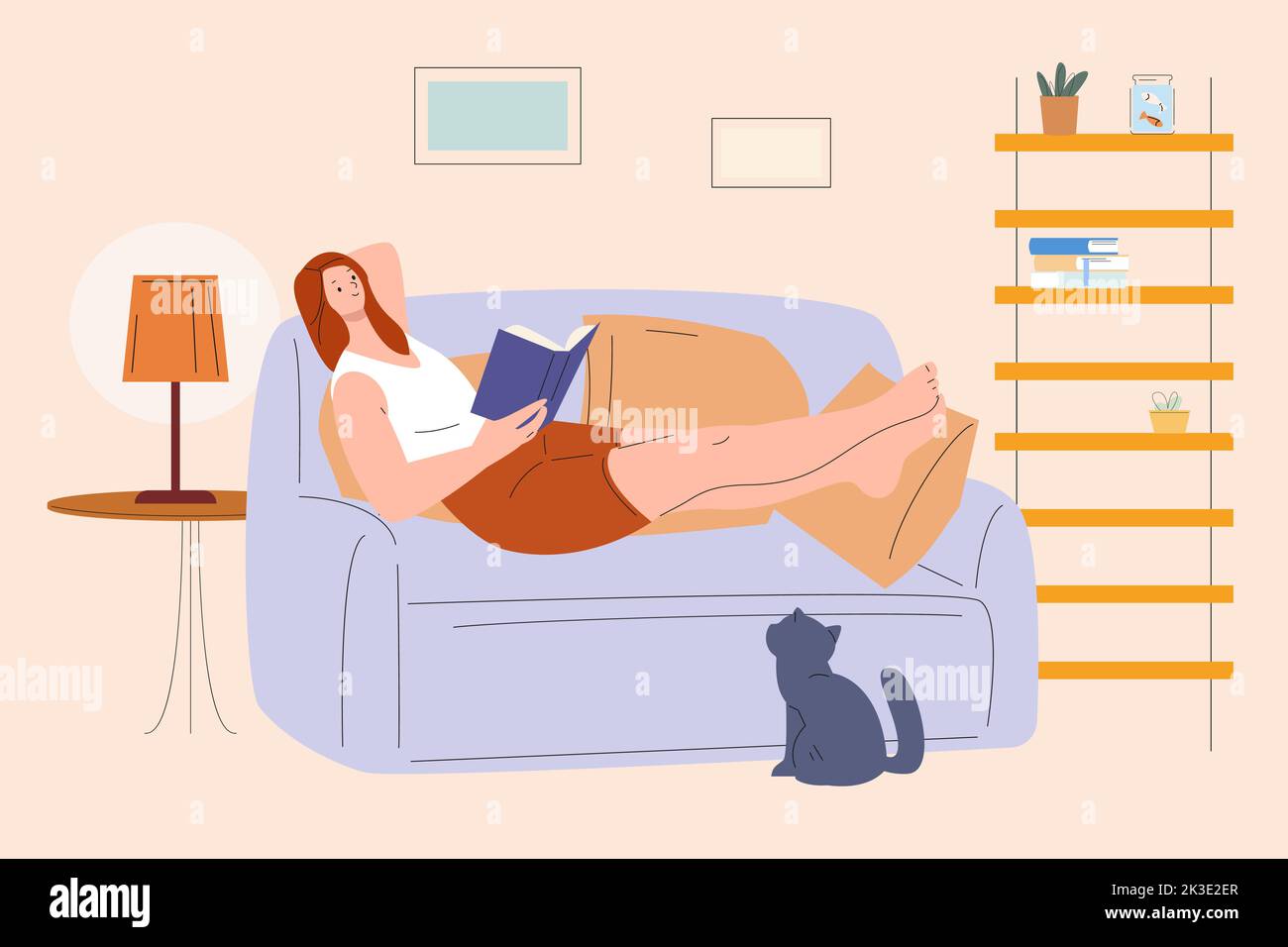 Girl on sofa reading book. Woman rest home at evening with cat. Weekend relax, student learning notebook, cozy vector illustration Stock Vector