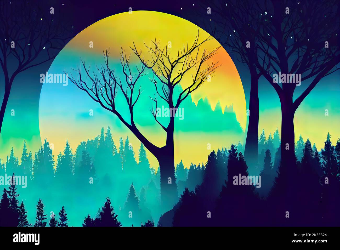 Silhouette mystical magic forest landscape in the moonlight. Silhouette trees in a cartoon style illustration. Surreal landscape for wallpapers and ba Stock Photo