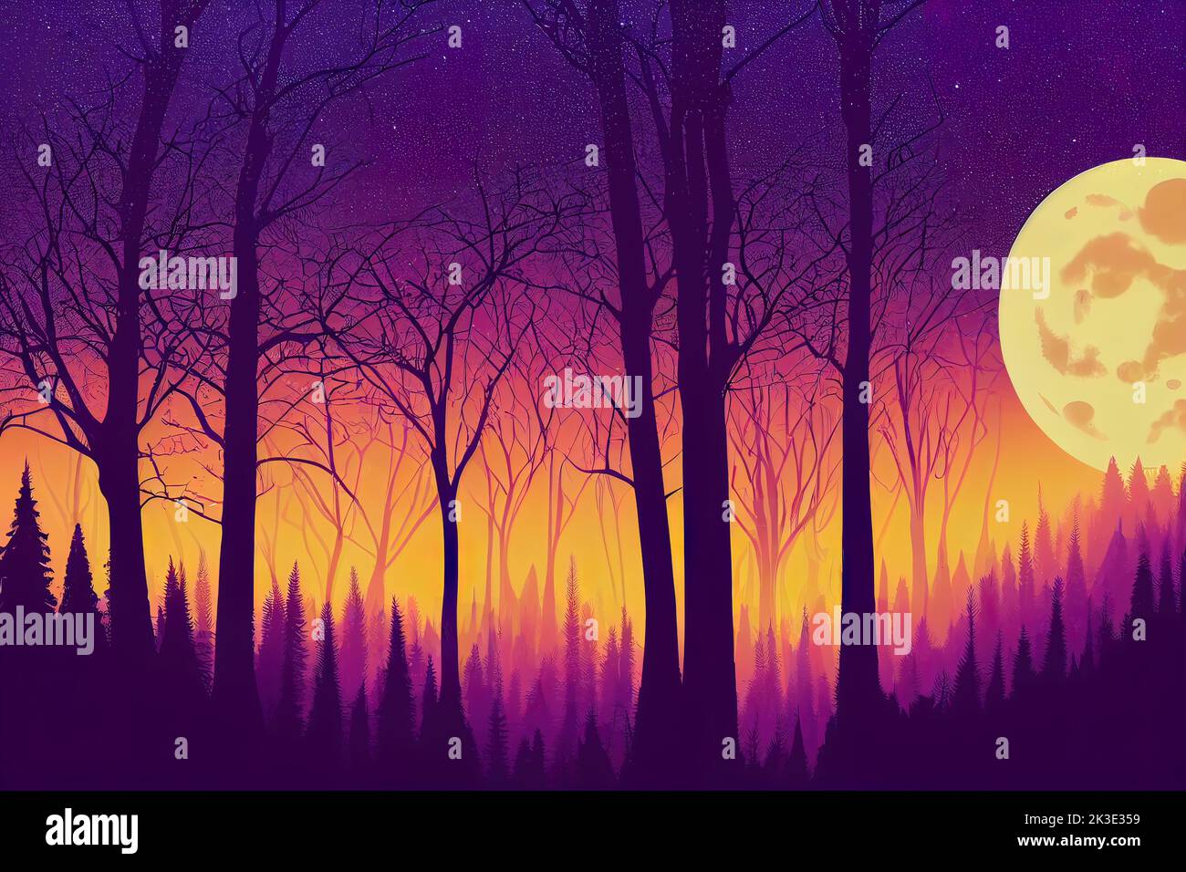 Silhouette mystical magic forest landscape in the moonlight. Silhouette trees in a cartoon style illustration. Surreal landscape for wallpapers and ba Stock Photo
