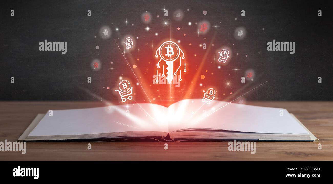 Open book with currency icons above Stock Photo - Alamy