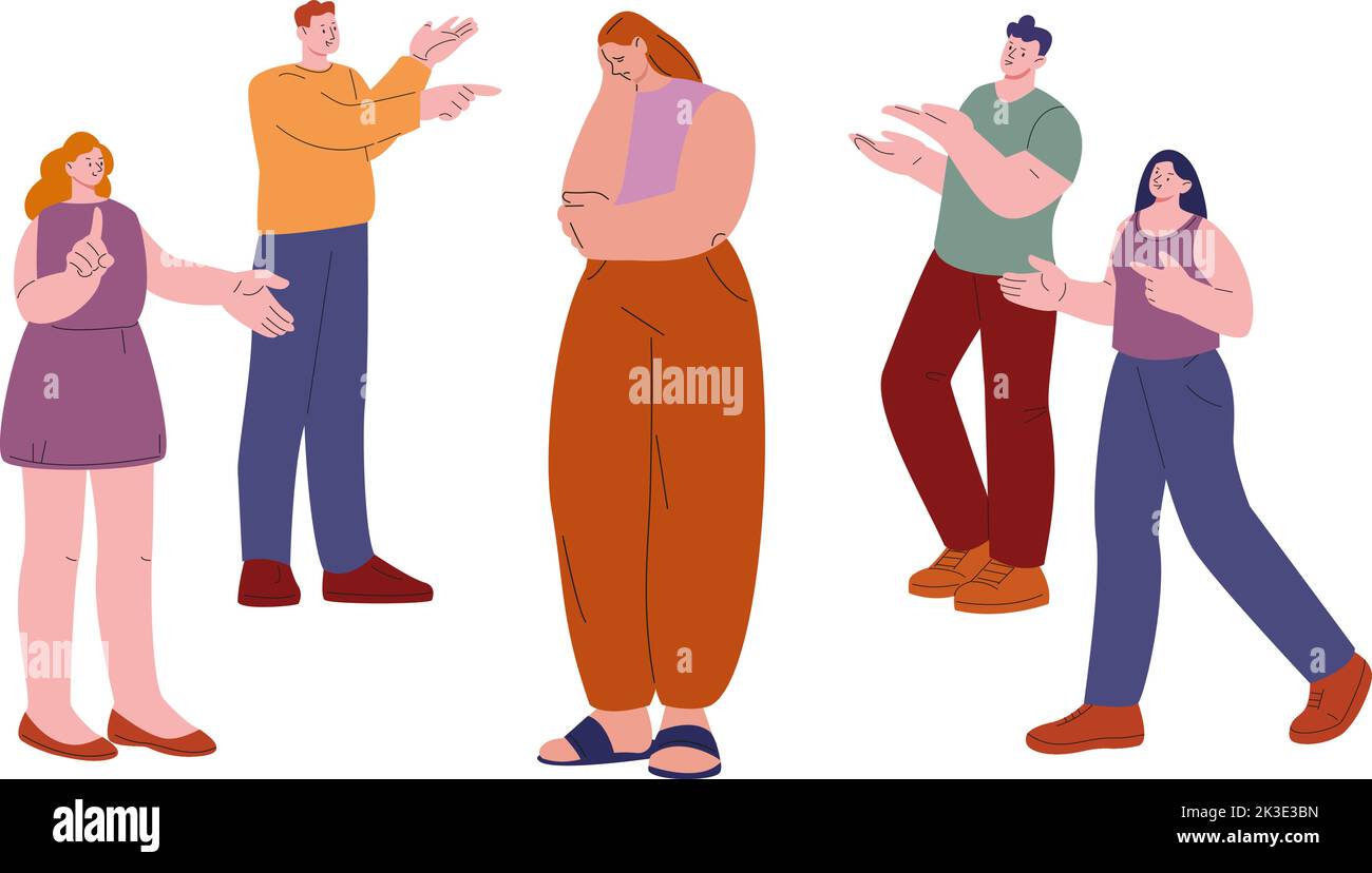 People scold upset girl. Bullying and crowd pressure, abuse. Woman crying, guys pointing at her. Flat teenagers or students vector characters Stock Vector