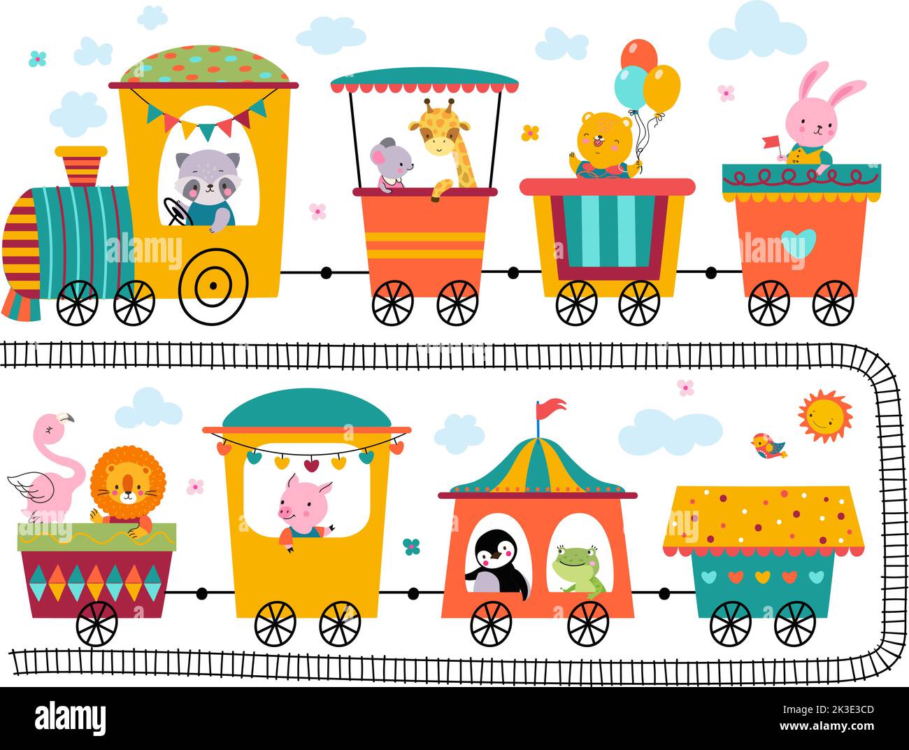 Cute animals ride train. Fun zoo trains, toddler party banner elements. Children funny safari with wild animal. Travelling on transport railway Stock Vector